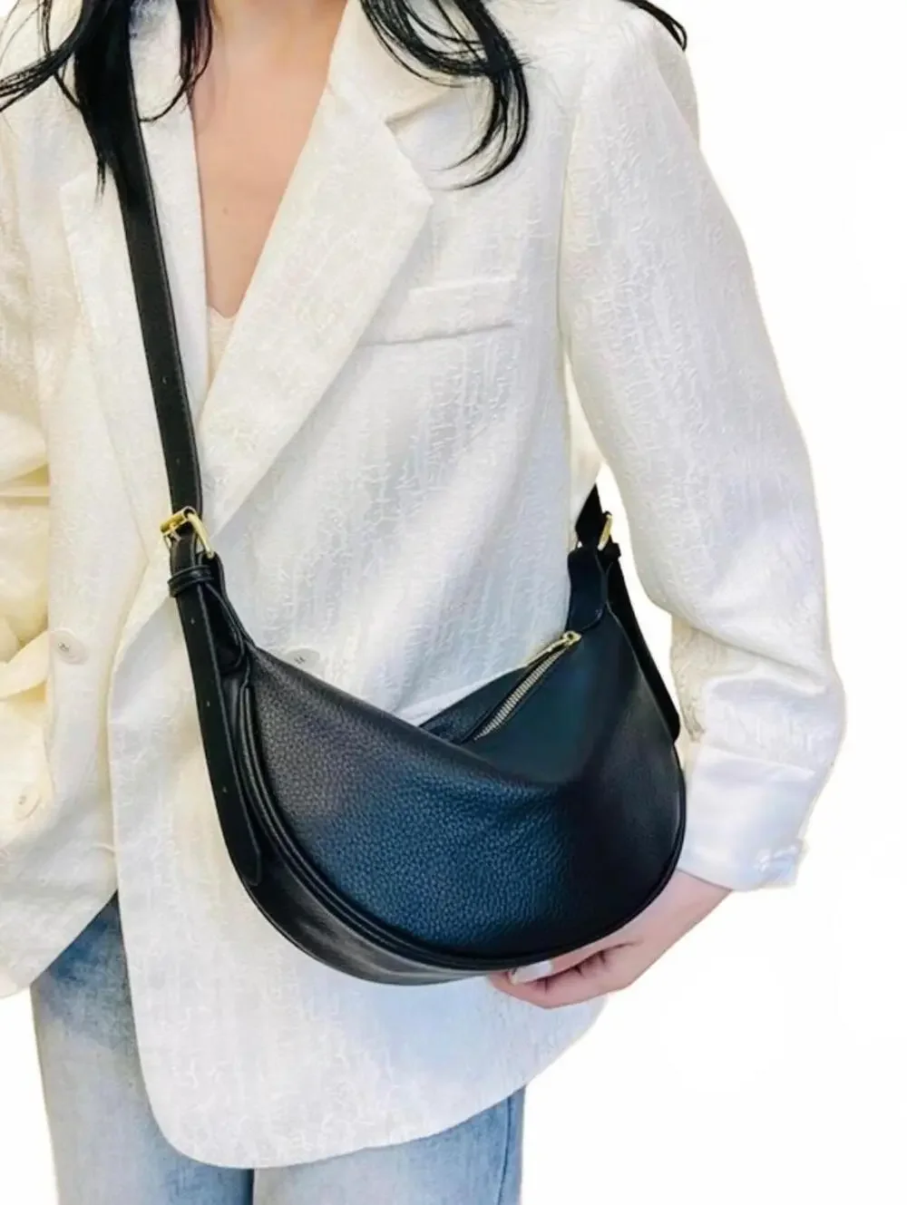 New -Sleek & Stylish -Genuine Leather Crescent Hobo Bag -Black